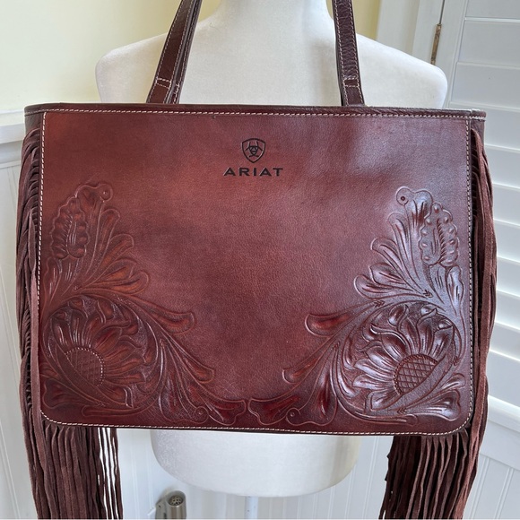 Ariat Brown Tooled Leather Fringe Trim Victoria Concealed Carry Satchel NEW - Picture 2 of 8